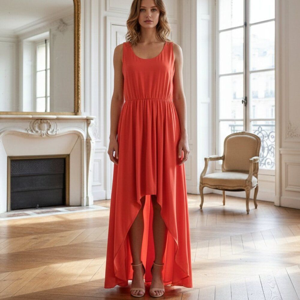 Tiana B. Vibrant Red-Orange Sleeveless Hi-Low Maxi Dress – Size Large